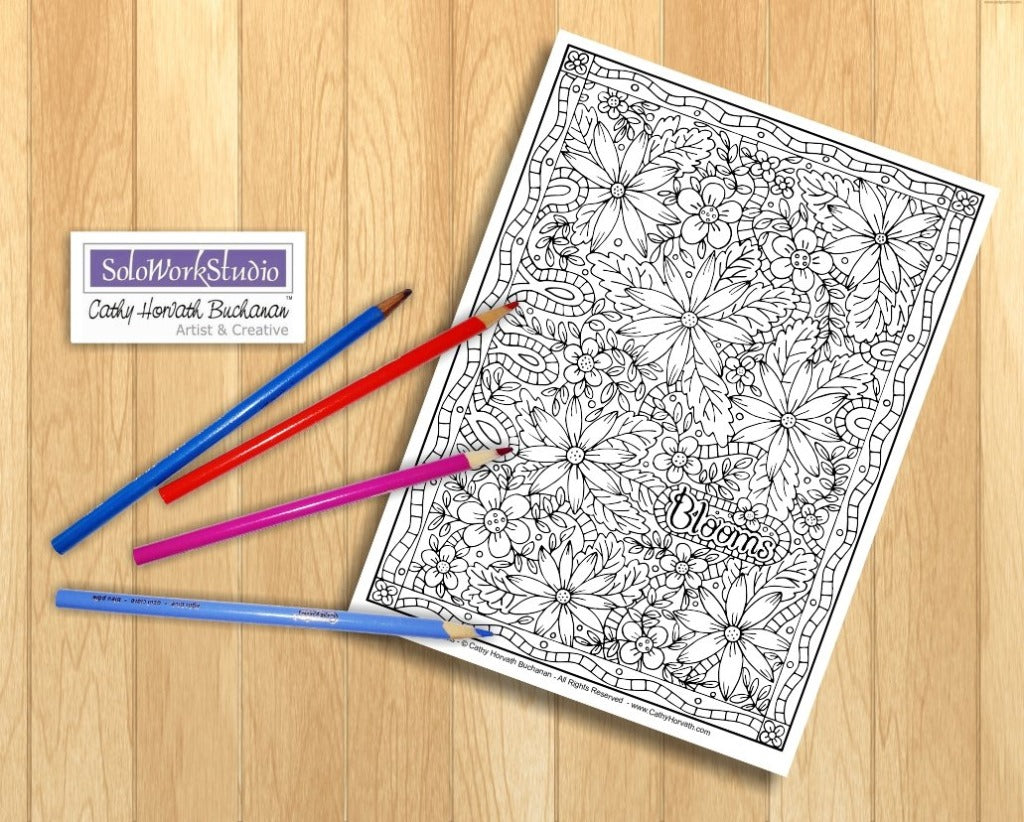 Flower Doodle Art Coloring Pages 5 Pack, PDF Download Printable by Cathy Horvath Buchanan