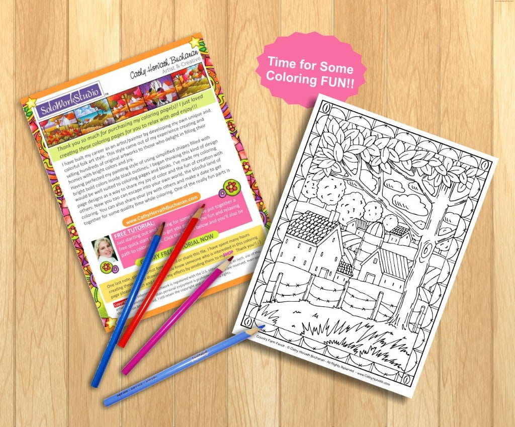 Rural Farm Country Folk Art Landscape Coloring Pages, PDF Download Printable by Cathy Horvath Buchanan