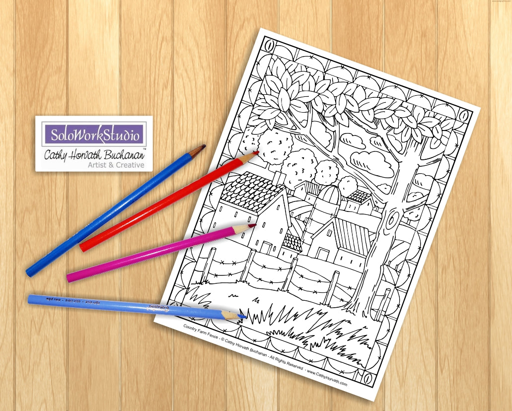 Town Country Village Folk Art Scene Coloring Pages 7 Pack, PDF Download Printable