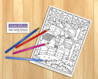 Town Country Village Folk Art Scene Coloring Pages 7 Pack,  PDF Download Printable