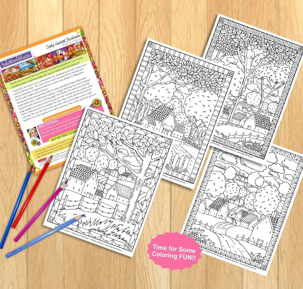 Country Cottage Folk Art Coloring Pages 4 Pack, PDF Download Printable by Cathy Horvath Buchanan