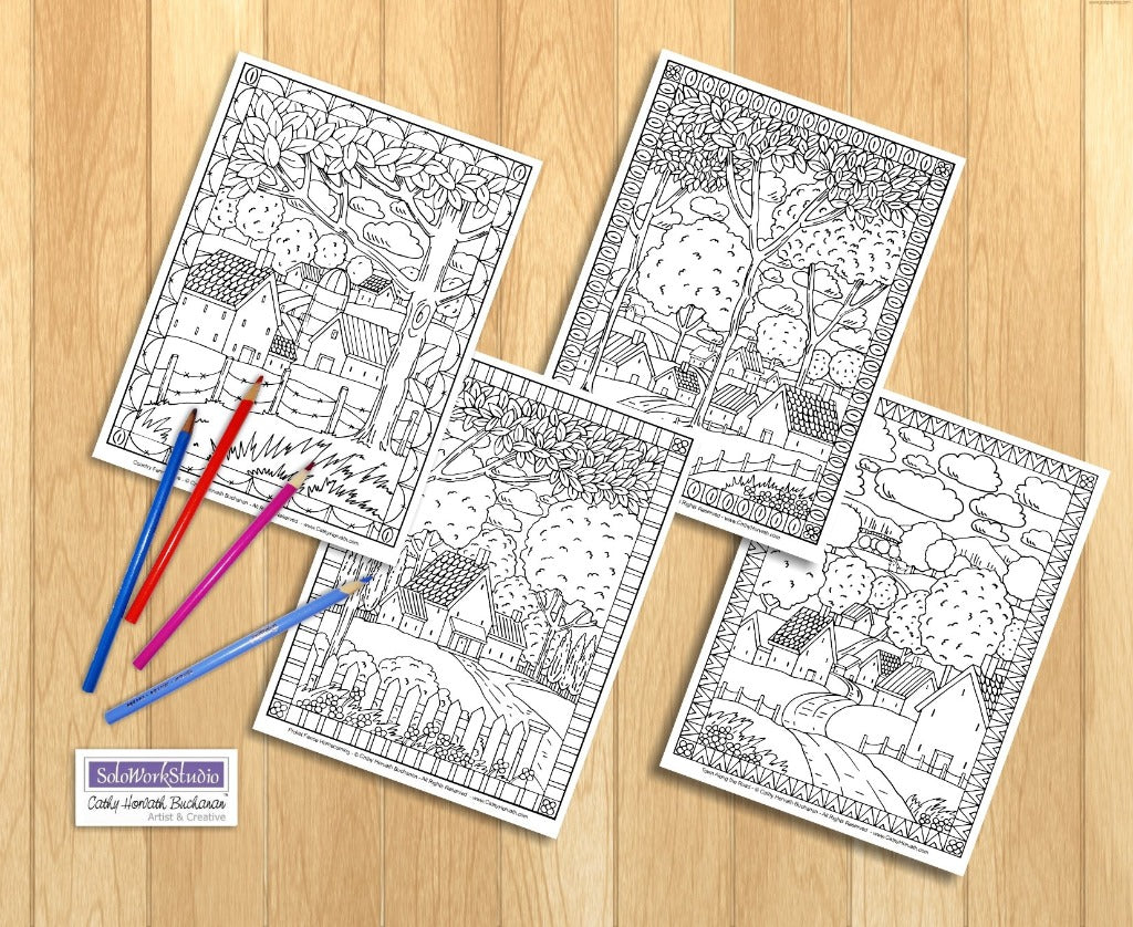 Country Cottage Folk Art Coloring Pages 4 Pack, PDF Download Printable by Cathy Horvath Buchanan