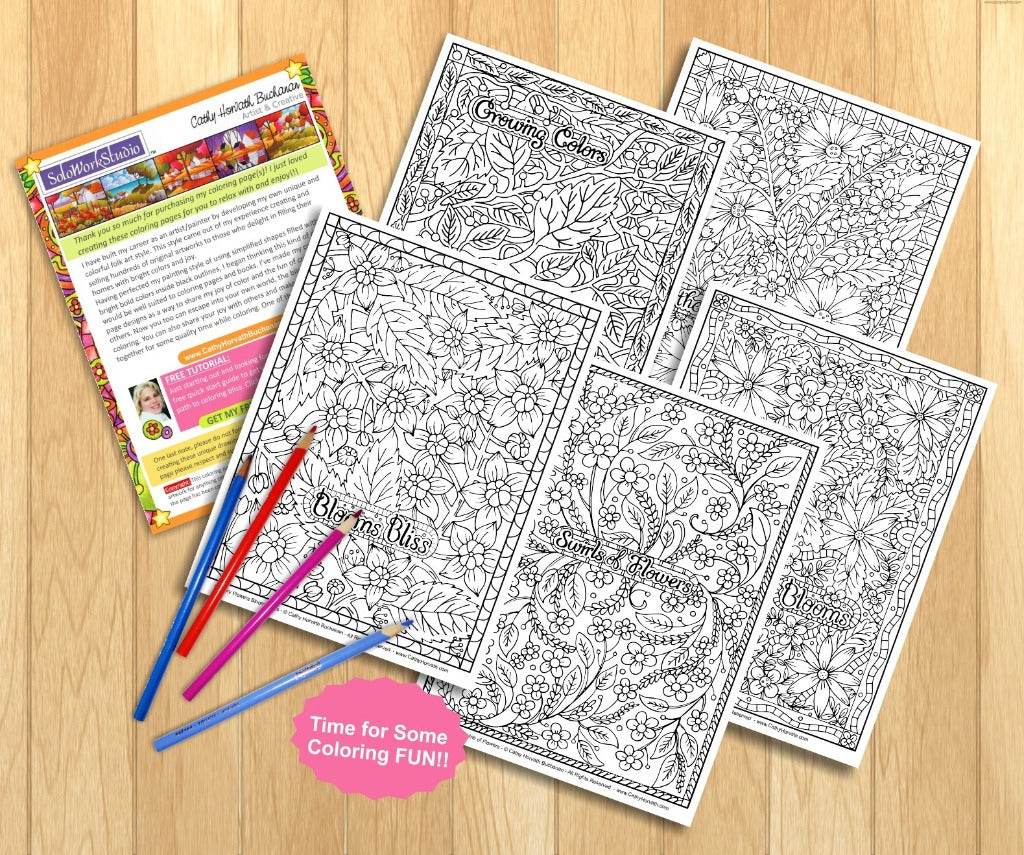 Flower Doodle Art Coloring Pages 5 Pack, PDF Download Printable by Cathy Horvath Buchanan