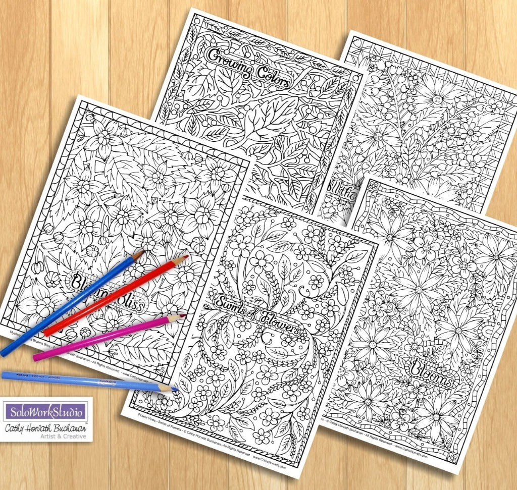 Flower Doodle Art Coloring Pages 5 Pack, PDF Download Printable by Cathy Horvath Buchanan