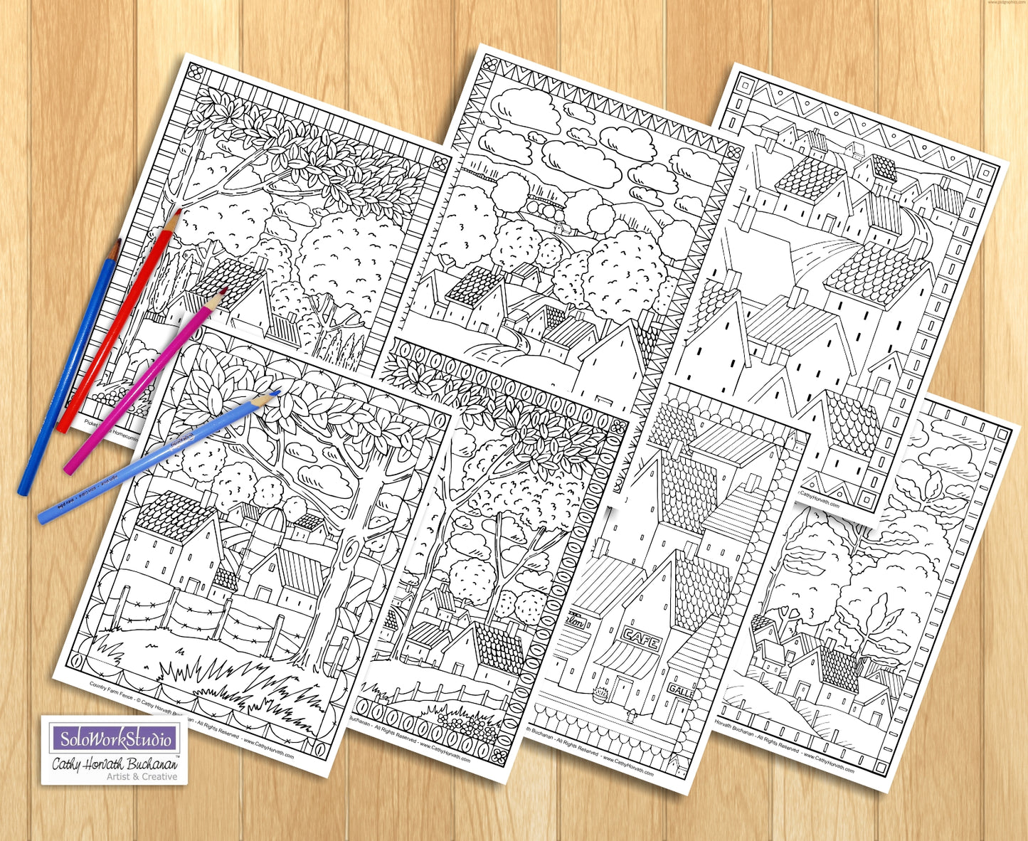 Town Country Village Folk Art Scene Coloring Pages 7 Pack,  PDF Download Printable