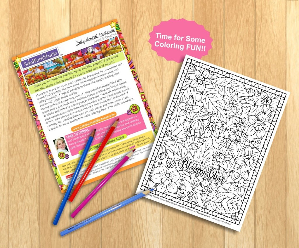 Flowers Blooms Bliss Art Coloring Page, PDF Download Printable by Cathy Horvath Buchanan