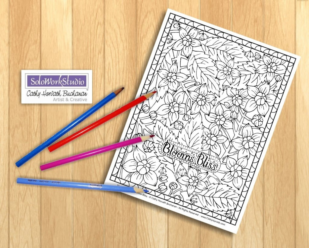 Flower Doodle Art Coloring Pages 5 Pack, PDF Download Printable by Cathy Horvath Buchanan