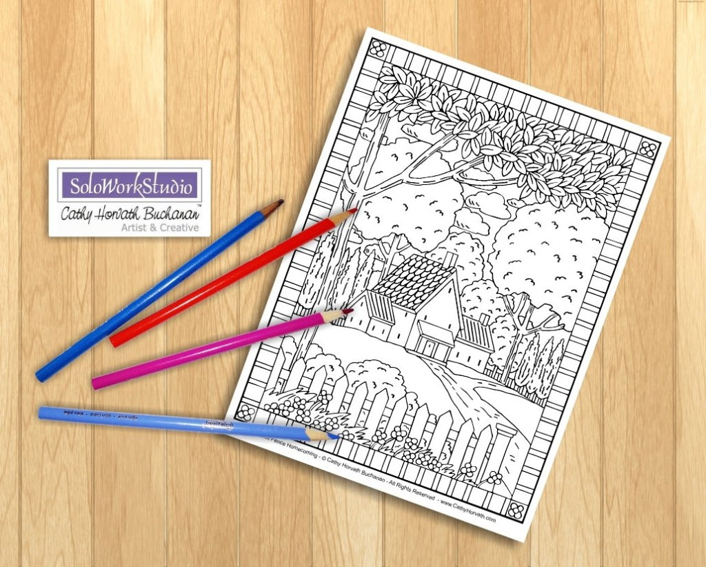 Country Cottage Folk Art Coloring Pages 4 Pack, PDF Download Printable by Cathy Horvath Buchanan