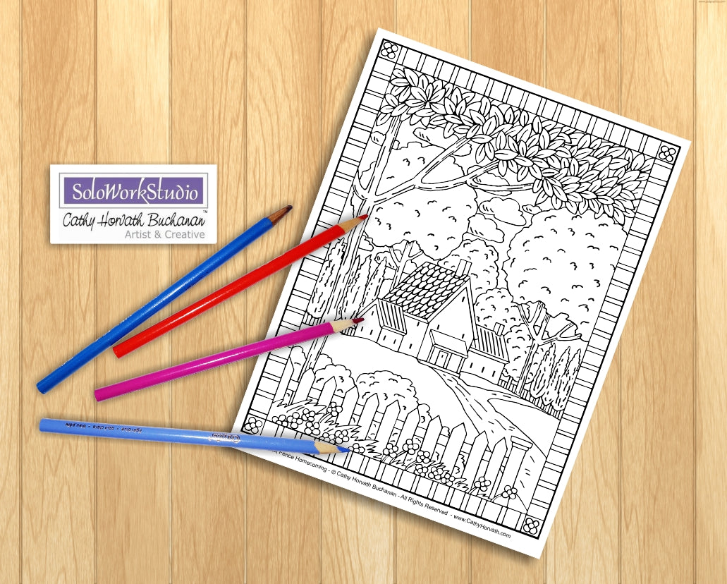 Town Country Village Folk Art Scene Coloring Pages 7 Pack,  PDF Download Printable