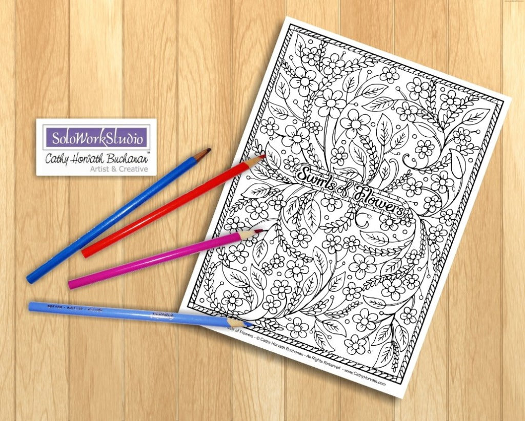 Flower Doodle Art Coloring Pages 5 Pack, PDF Download Printable by Cathy Horvath Buchanan