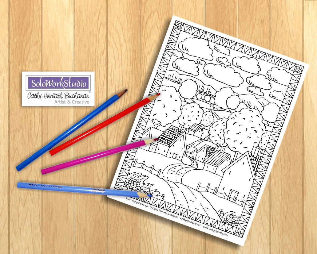 Town Country Village Folk Art Scene Coloring Pages 7 Pack,  PDF Download Printable