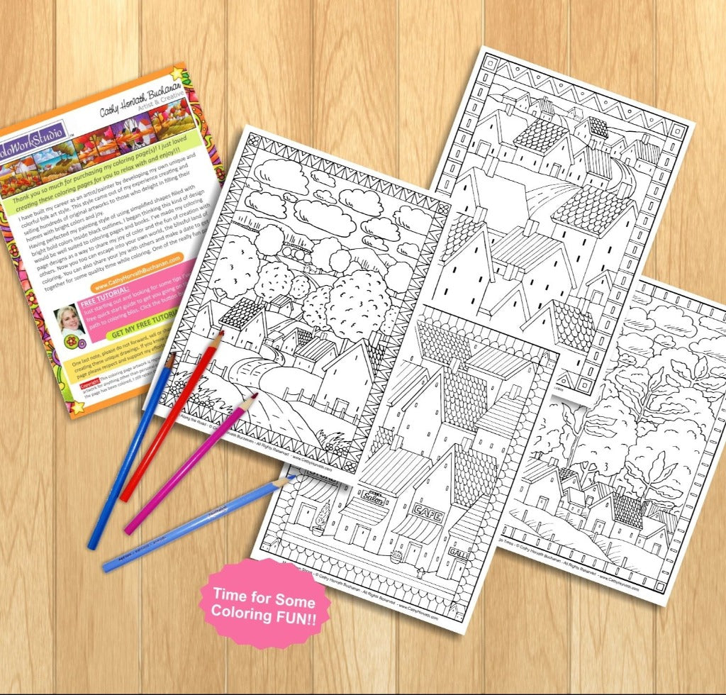 Folk Art Town Village Landscape Coloring Pages 4 Pack, PDF Download Printable by Cathy Horvath Buchanan