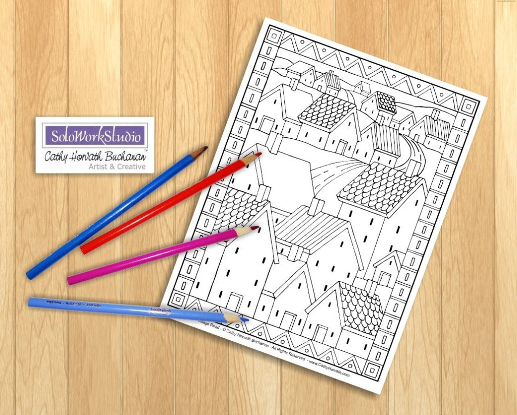 Folk Art Town Village Landscape Coloring Pages 4 Pack, PDF Download Printable