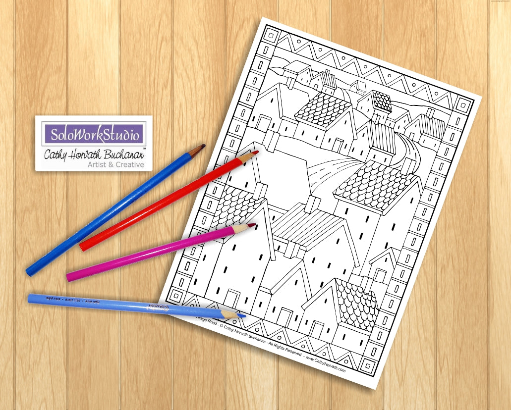 Town Country Village Folk Art Scene Coloring Pages 7 Pack, PDF Download Printable