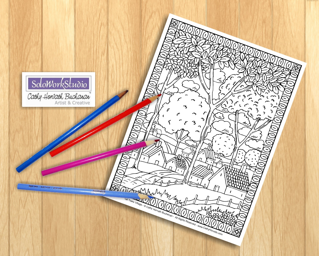 Town Country Village Folk Art Scene Coloring Pages 7 Pack, PDF Download Printable