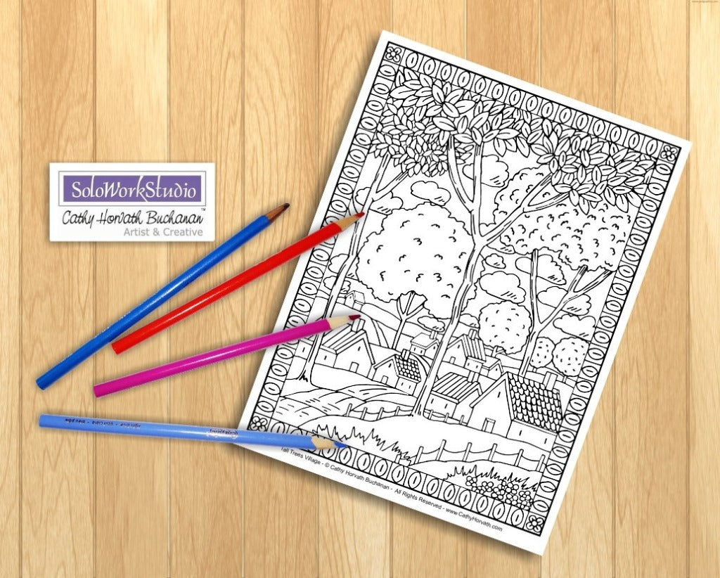 Country Cottage Folk Art Coloring Pages 4 Pack, PDF Download Printable by Cathy Horvath Buchanan