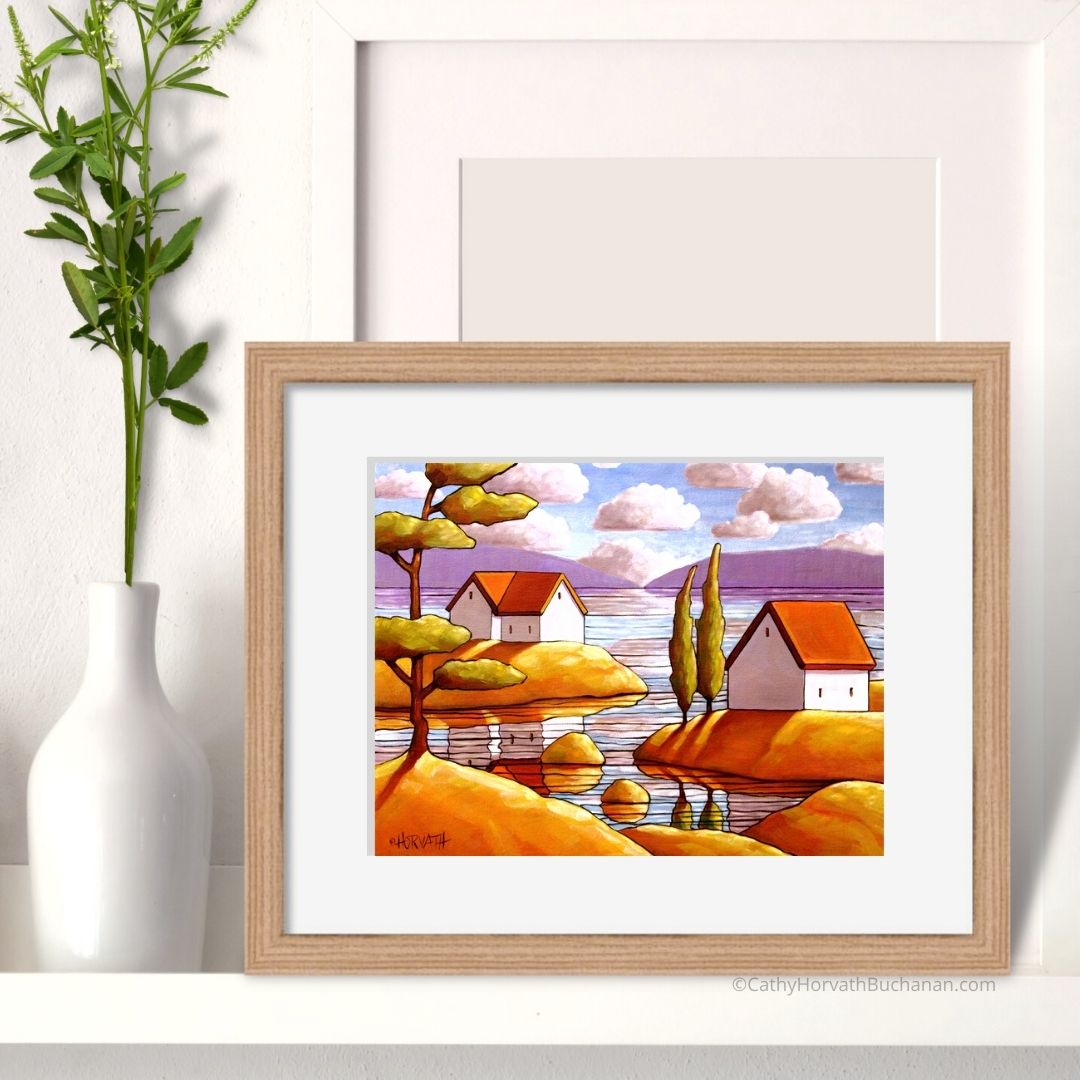 Coastal Island Cottages Folk Art Print, Summer Seascape Decor vy artist Cathy Horvath Buchanan