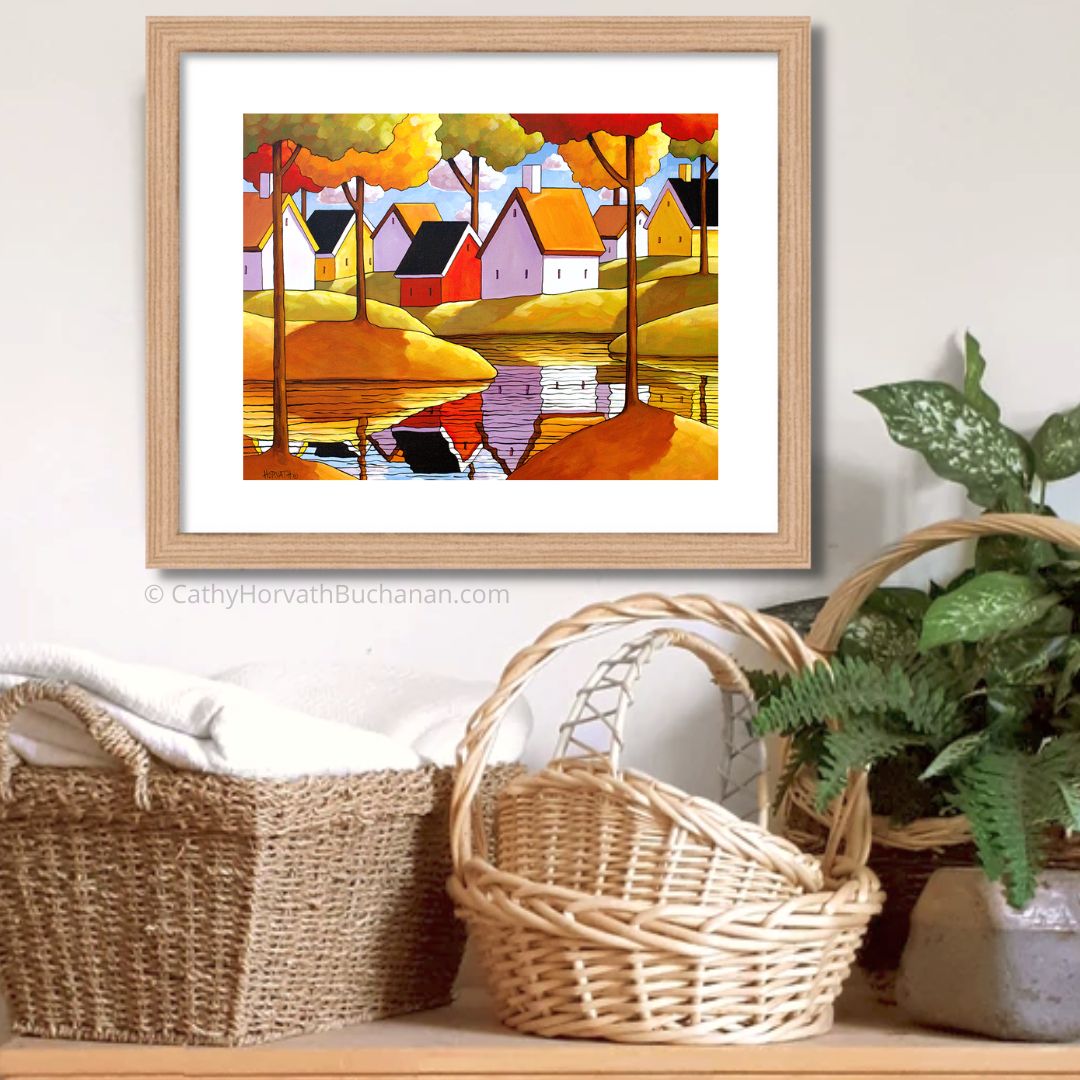 Cottage Riverside Reflections Folk Art Print, Colorful Landscape Giclee by artist Cathy Horvath Buchanan