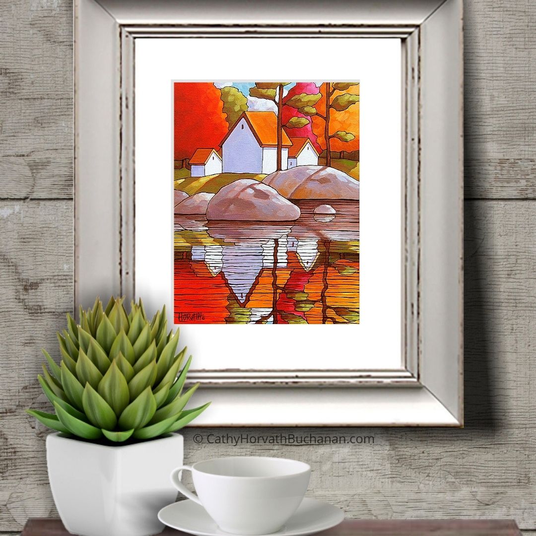 Autumn Rocky Shore Art Print, Fall Tree Waterside Cottages Folk Art Giclee by artist Cathy Horvath Buchanan