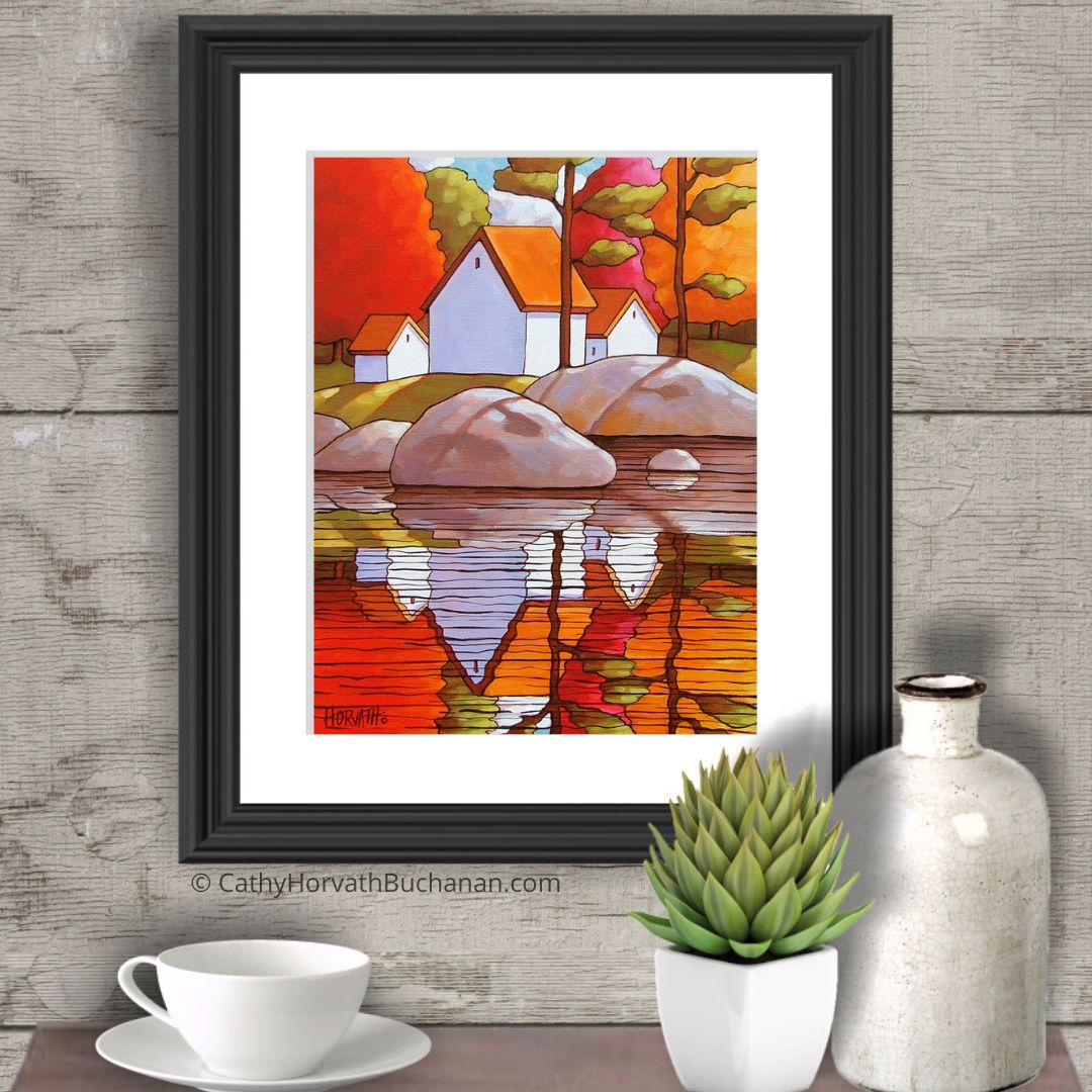 Autumn Rocky Shore Art Print, Fall Tree Waterside Cottages Folk Art Giclee by artist Cathy Horvath Buchanan