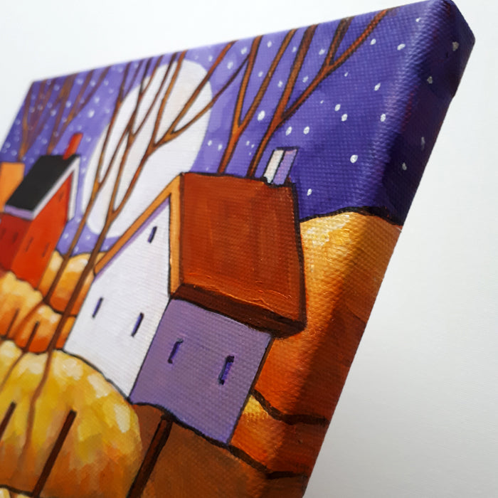 Cottage Hills Purple Moon Original Painting, Night Shadows Folk Art Landscape 8x10