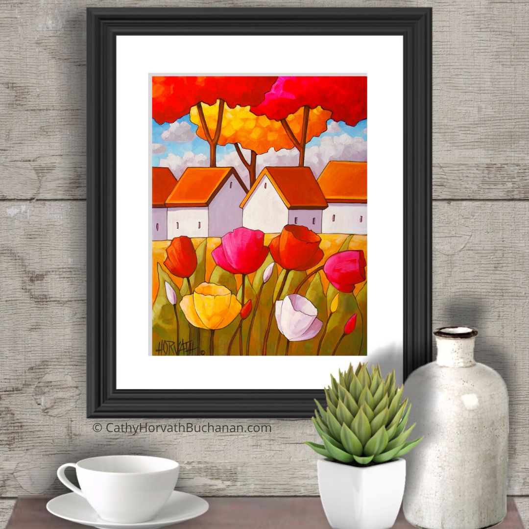 Spring Tulips Flower Garden Cottages, Floral Easter Folk Art Print by artist Cathy Horvath Buchanan