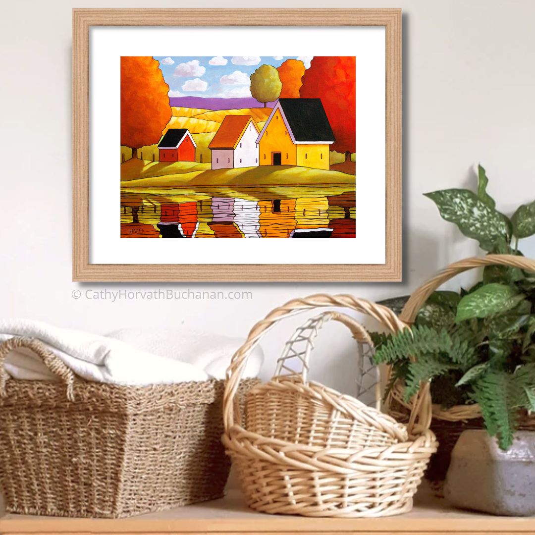 colorful rural water reflections autumn art by artist Cathy Horvath Buchanan