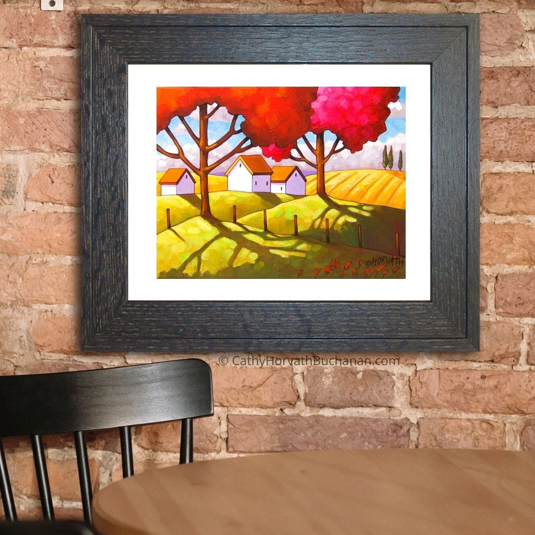 Autumn Country Tree Shadows Modern Farmhouse Decor, Fall Folk Art Print Giclee by artist Cathy Horvath Buchanan