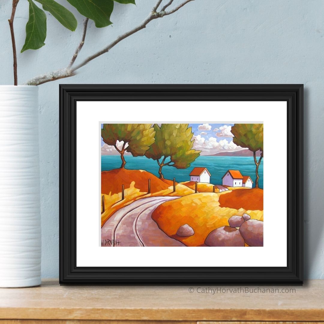 Curving Road Oceanside Cottages Folk Art Print, Modern Summer Seascape by artist Cathy Horvath Buchanan