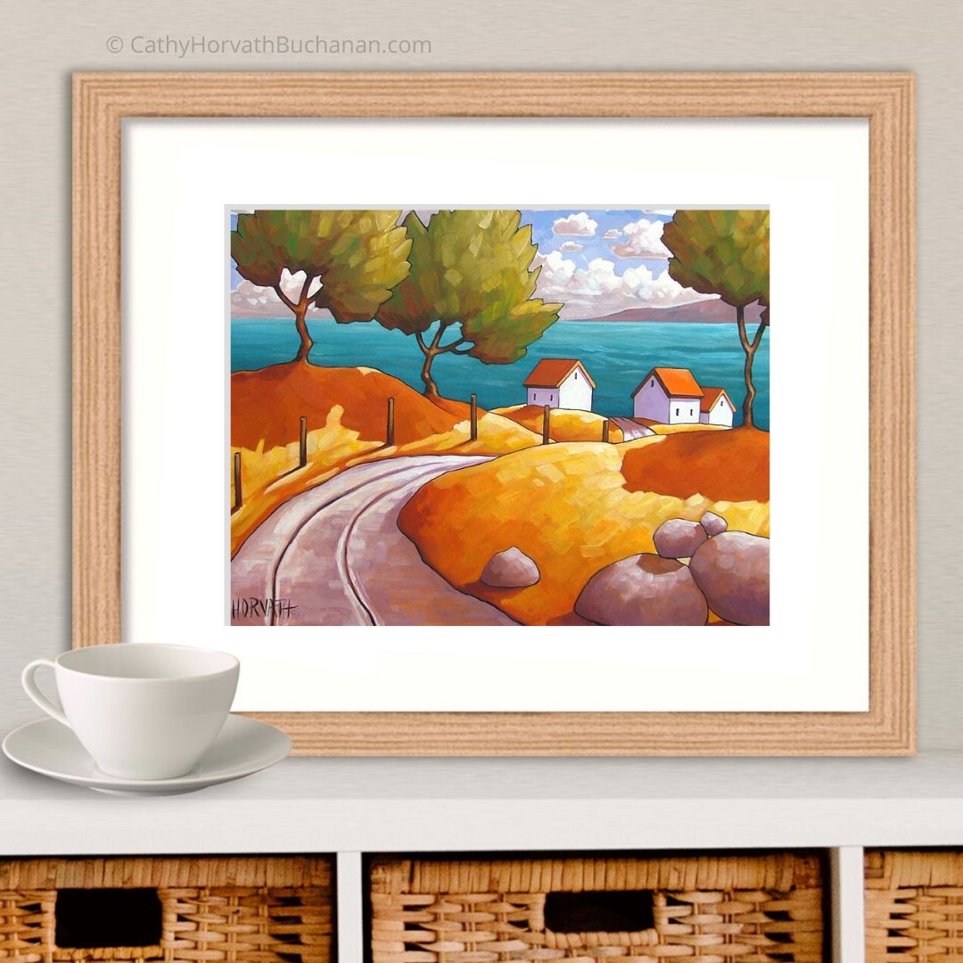 Curving Road Oceanside Cottages Folk Art Print, Modern Summer Seascape by artist Cathy Horvath Buchanan