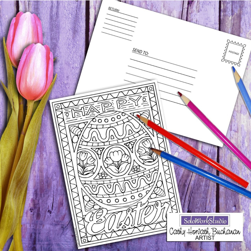 Fancy Easter Egg Coloring Kit, Card + Envelope, PDF Download Printable by Cathy Horvath Buchanan