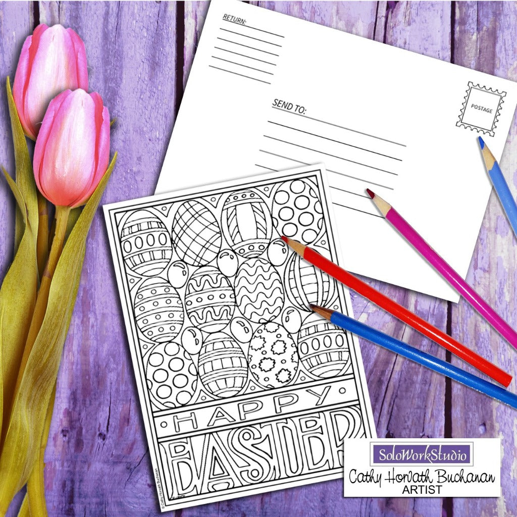 Happy Easter coloring card by artist Cathy Horvath Buchanan