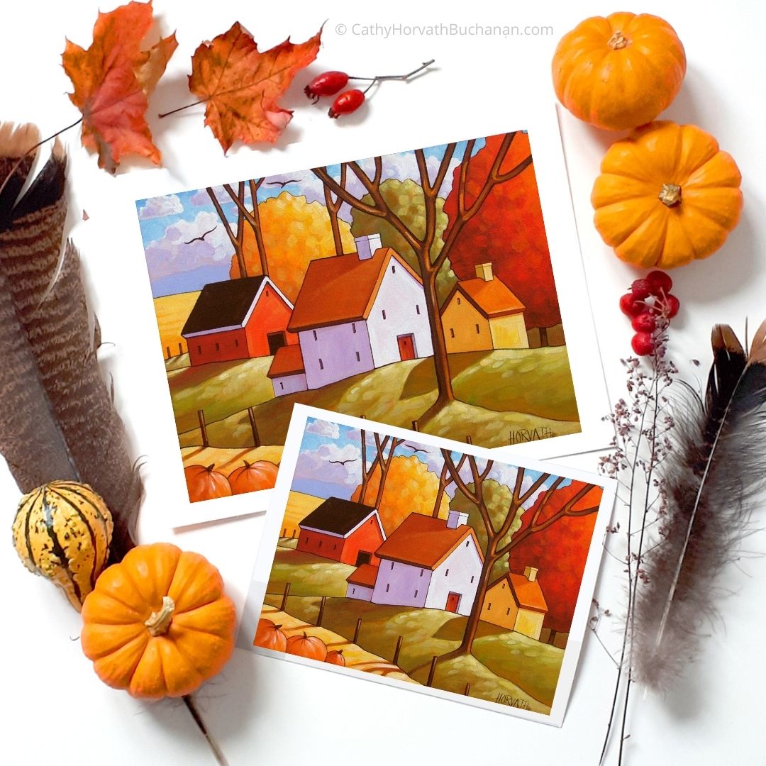 Fall Farm Trees Art Print, Country Folk Harvest Giclee by artist Cathy Horvath Buchanan