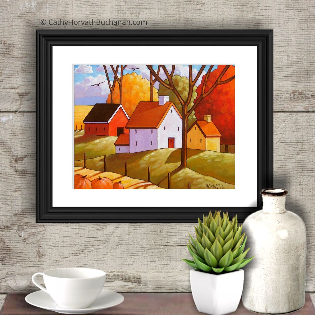 Fall Farm Trees Art Print, Country Folk Harvest Giclee by artist Cathy Horvath Buchanan