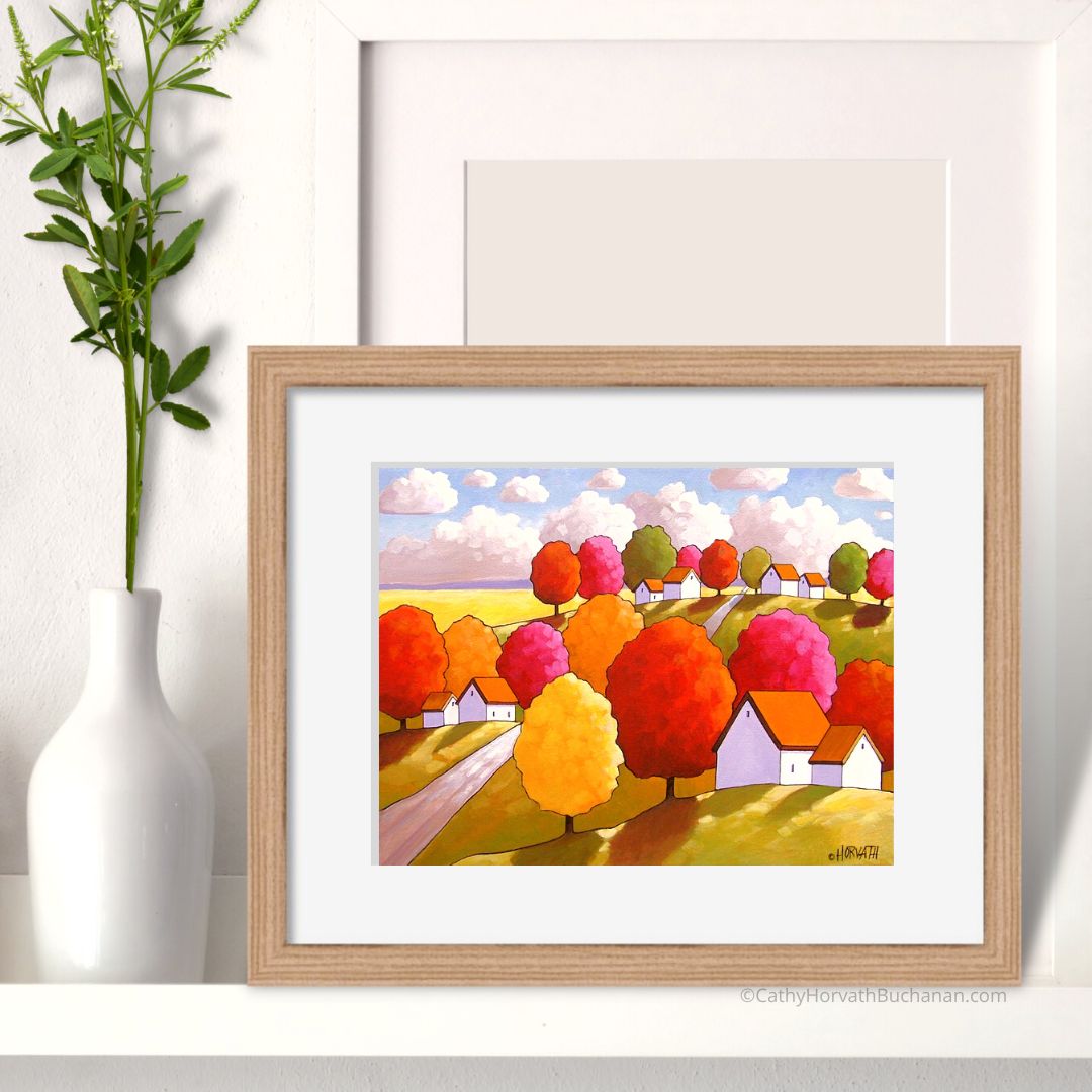 Fall Landscape Hills Road Folk Art Print, Autumn Tree Colors Giclee by artist Cathy Horvath Buchanan