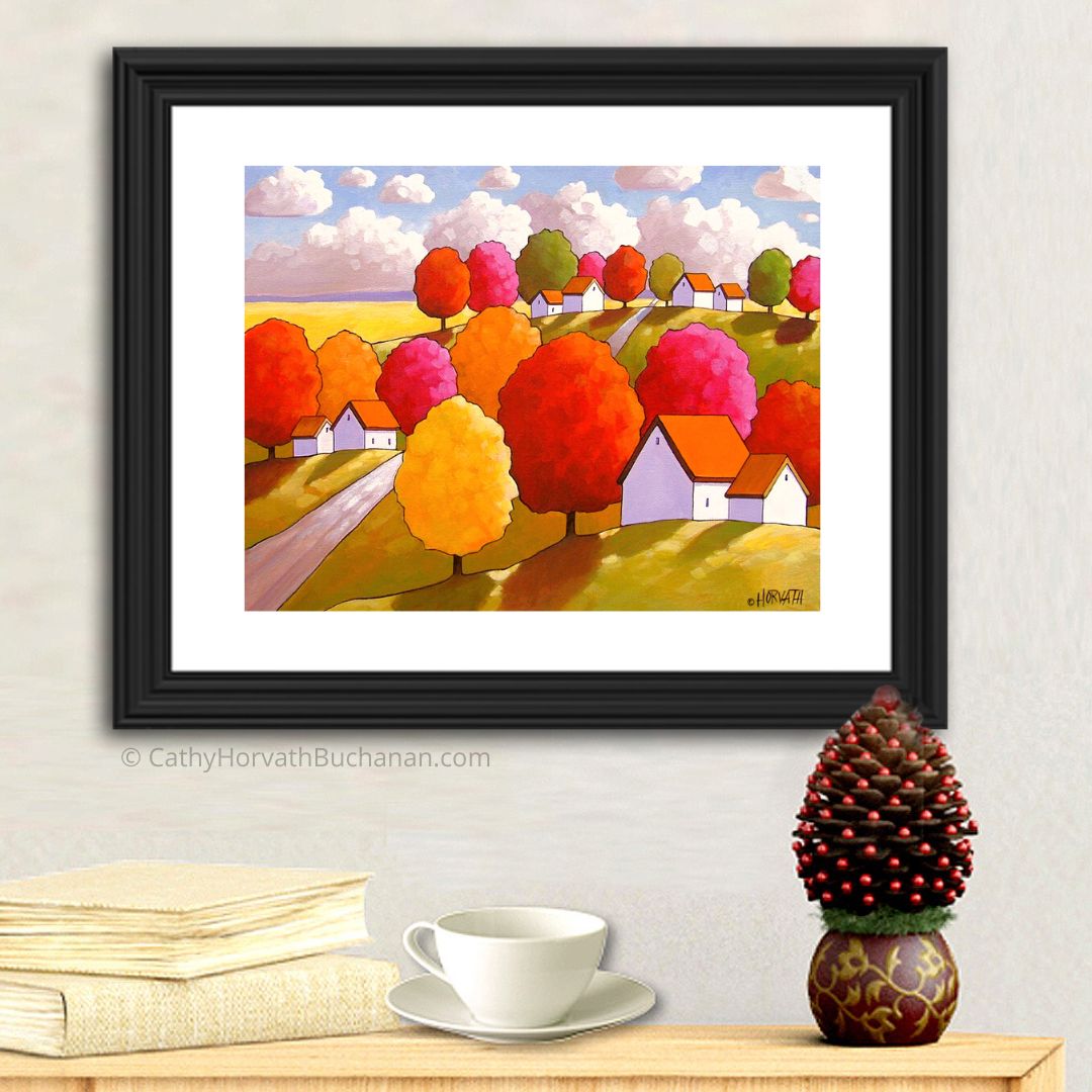 Fall Landscape Hills Road Folk Art Print, Autumn Tree Colors Giclee by artist Cathy Horvath Buchanan