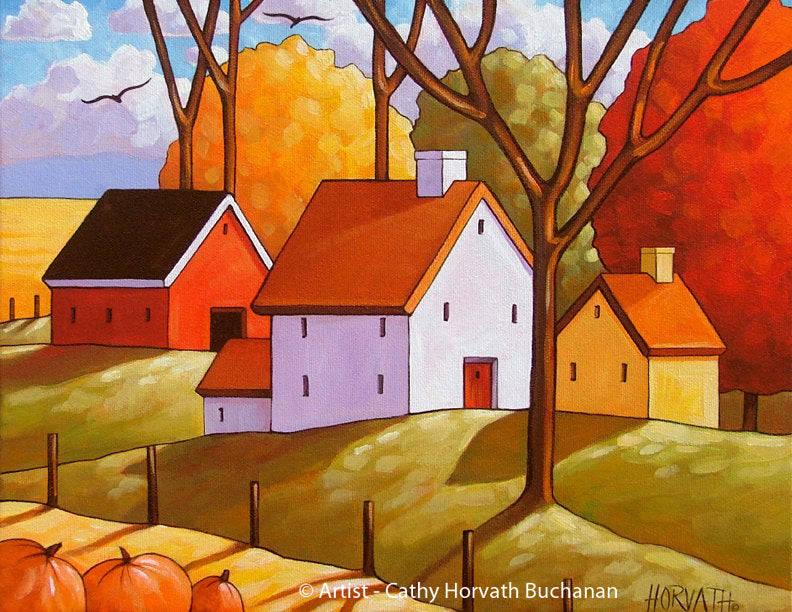 Fall Farm Trees Art Print, Country Folk Harvest Giclee by artist Cathy Horvath Buchanan
