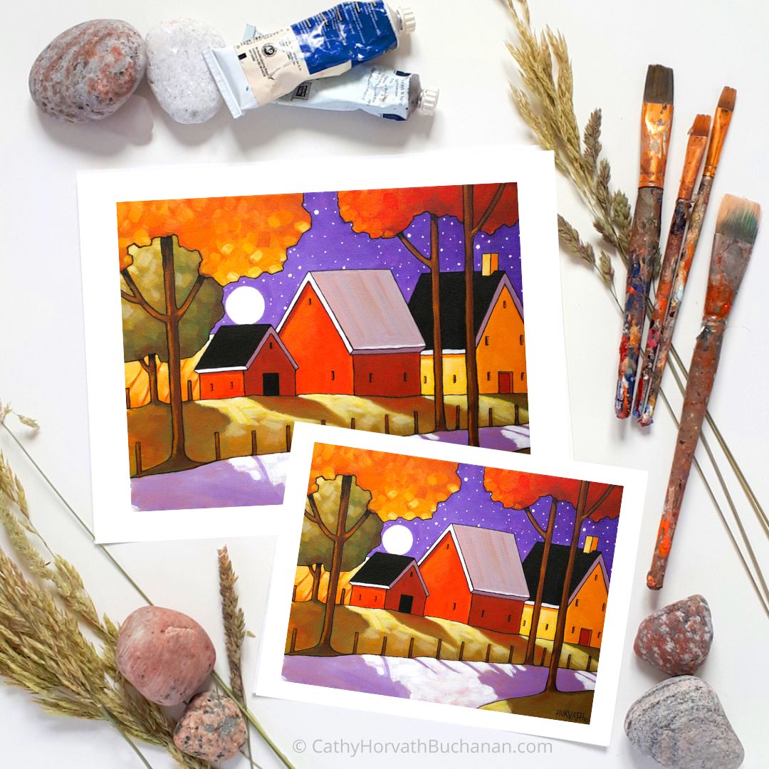 Autumn Farm Roadway Night Moon Folk Art Print, Fall Country Halloween Giclee by artist Cathy Horvath Buchanan