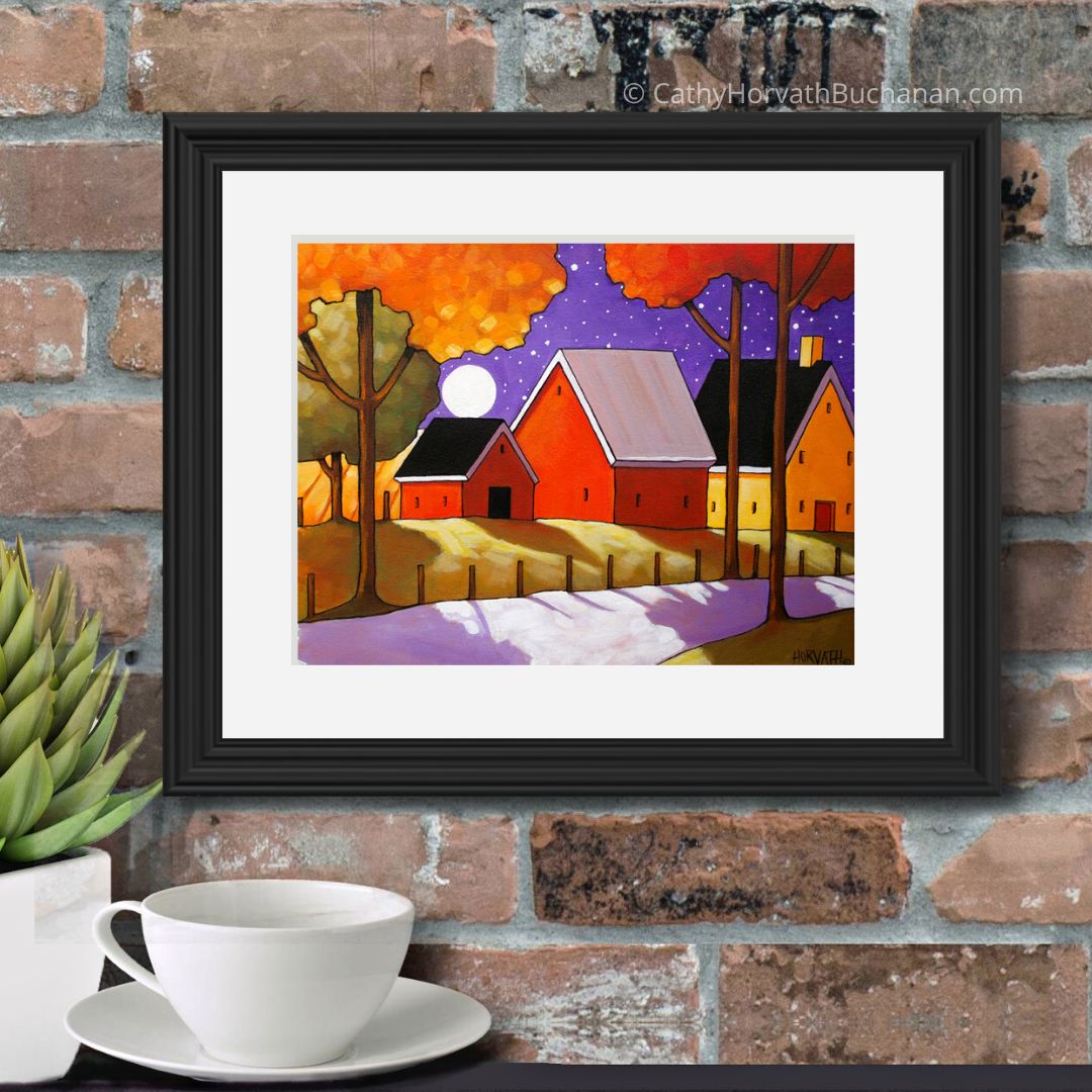 Autumn Farm Roadway Night Moon Folk Art Print, Fall Country Halloween Giclee by artist Cathy Horvath Buchanan