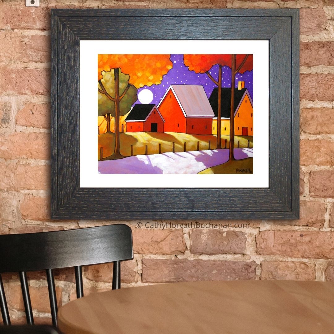 Autumn Farm Roadway Night Moon Folk Art Print, Fall Country Halloween Giclee by artist Cathy Horvath Buchanan