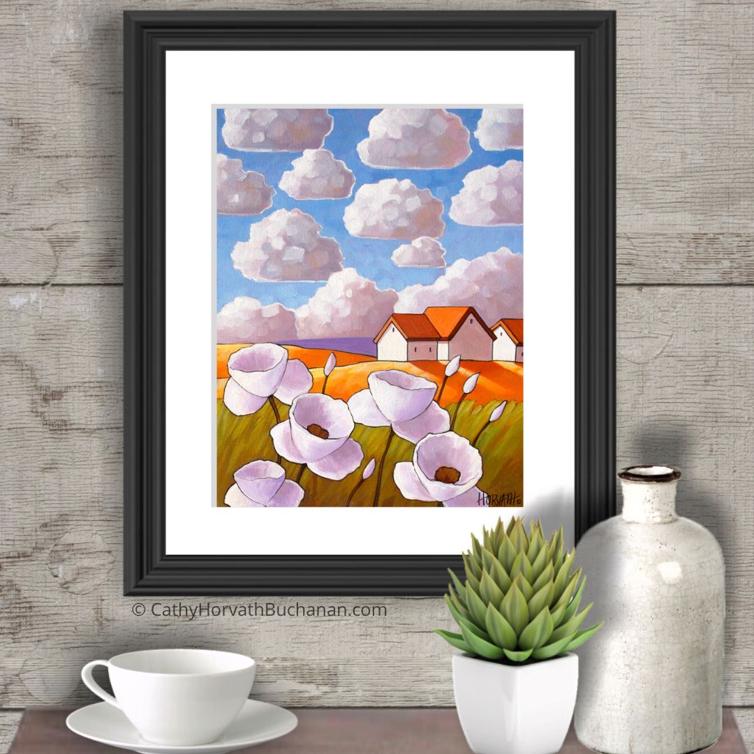 Flower Clouds Folk Art Print, Country Garden Landscape Giclee artist Cathy Horvath Buchanan