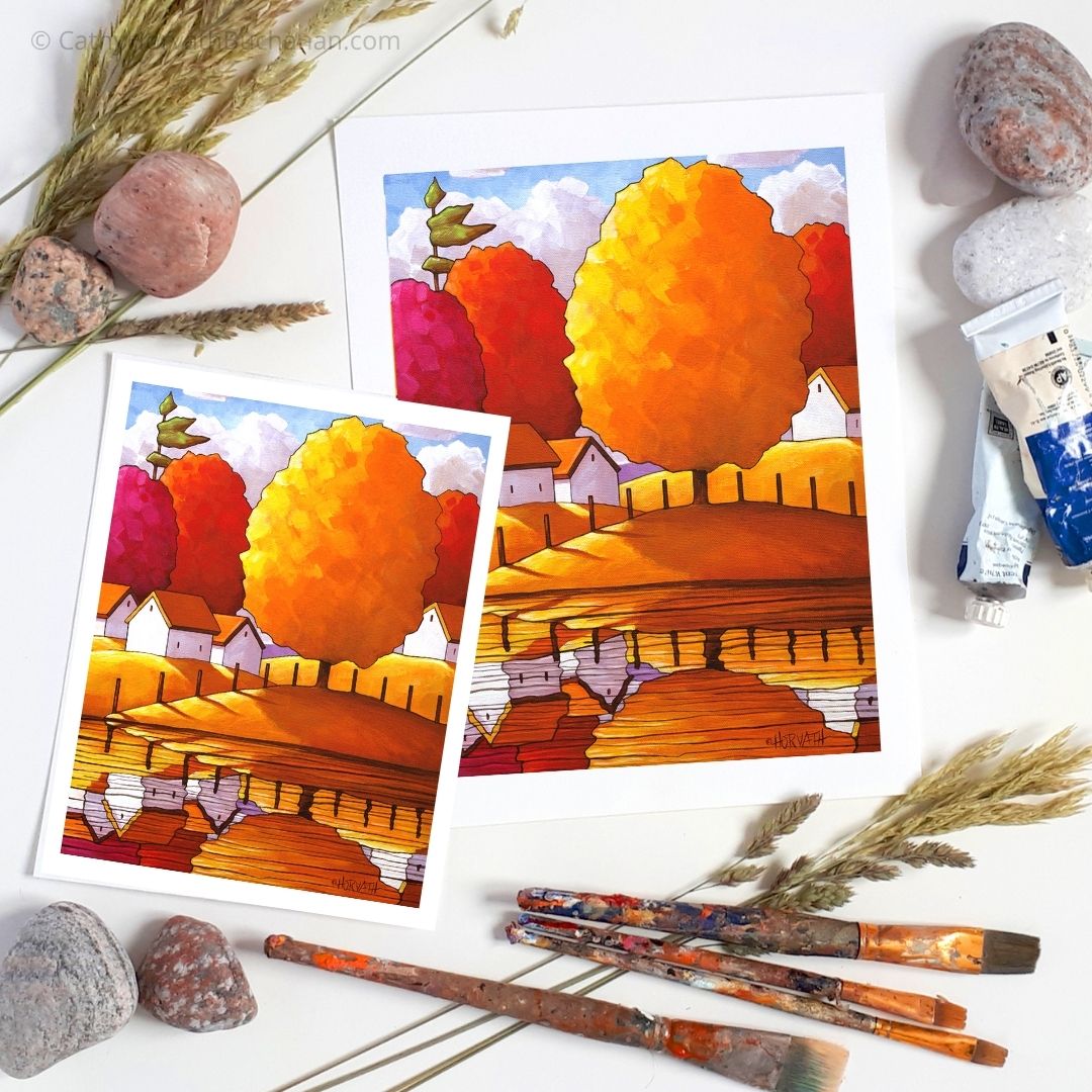 Golden Country Fall Water, Giclee Autumn Art Print Decor artist Cathy Horvath Buchanan