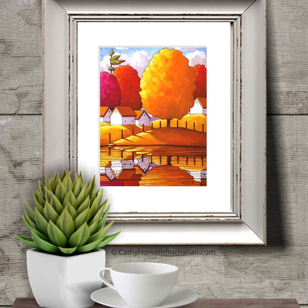 Golden Country Fall Water, Giclee Autumn Art Print Decor  artist Cathy Horvath Buchanan