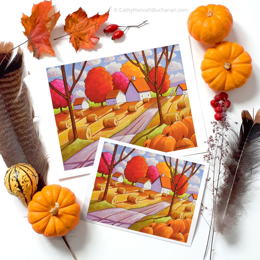 Hay Rolls Pumpkins Harvest Fall Folk Art Print, Thanksgiving Farmhouse Halloween Giclee by artist Cathy Horvath Buchanan