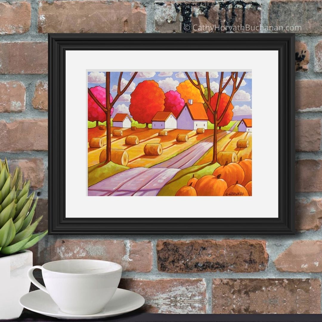 Hay Rolls Pumpkins Harvest Fall Folk Art Print, Thanksgiving Farmhouse Halloween Giclee by artist Cathy Horvath Buchanan