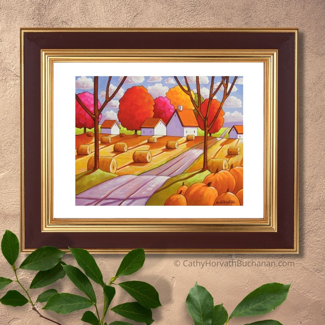 Hay Rolls Pumpkins Harvest Fall Folk Art Print, Thanksgiving Farmhouse Halloween Giclee by artist Cathy Horvath Buchanan