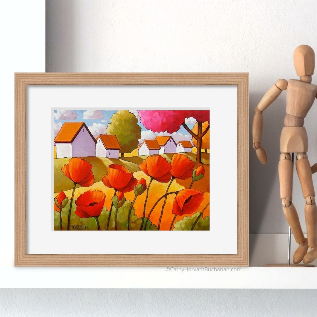 Red Poppy Landscape Art Print Home Decor, Modern Folk Art Flower Garden by artist Cathy Horvath Buchanan