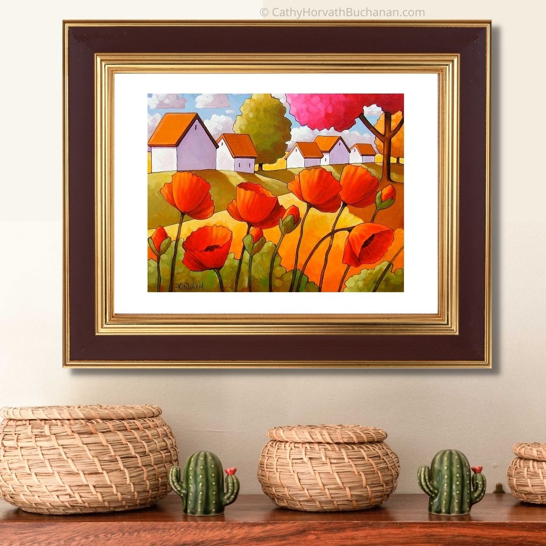 Red Poppy Landscape Art Print Home Decor, Modern Folk Art Flower Garden by artist Cathy Horvath Buchanan