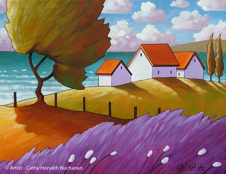 Lavender Windy Tree Coastal Art Print, Seaside Cottage Landscape Giclee by artist Cathy Horvath Buchanan