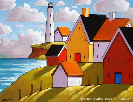 Lighthouse Coast Hillside Cottages, Folk Art Print Summer Seaside Giclee by artist Cathy Horvath Buchanan